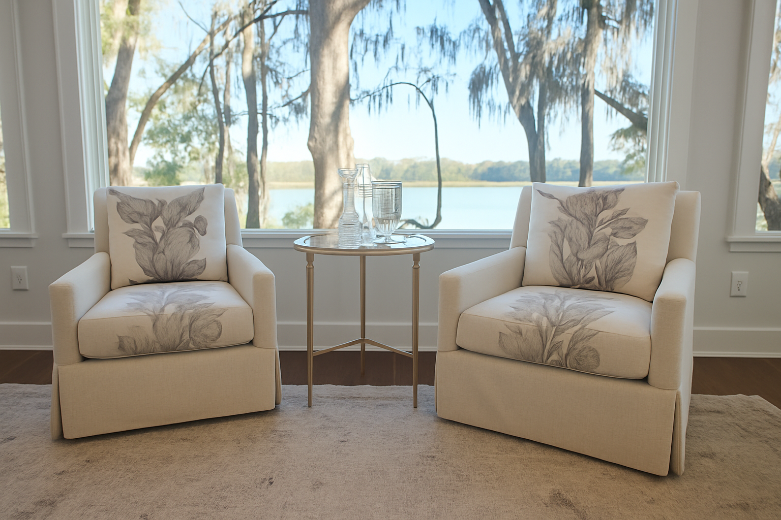 Sitting area with lake view and two armchairs